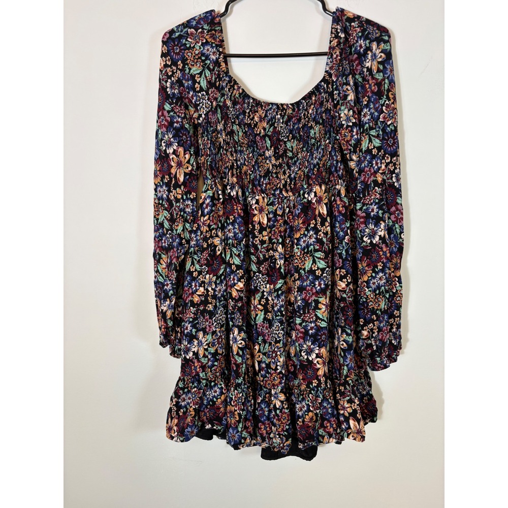 Oak & Trellis Floral Smocked Mini Dress XL Long Sleeve Ruffle Hem Boho Western - Picture 3 of 7